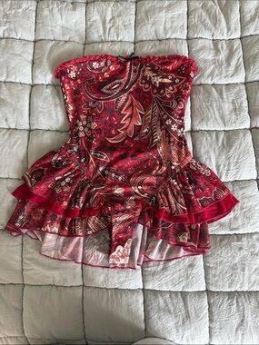 Red Floral Paisley Strapless Peplum Top